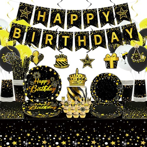 Obussgar Decorazioni per feste di compleanno nere e dorate, con striscioni, piatti, decorazioni per torte, bicchieri, tovaglioli, palloncini, tovaglie, per 20 persone (LQ)