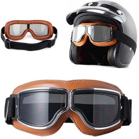 FARYODI Motorcycle Goggles Windproof, Motorradbrille PU Leder Sonnenbrillen Retro, Herren Crossbrille, Motocrossbrille, aus Braunes Leder, graue Platte Leder und Chrom Rahmen mod.
