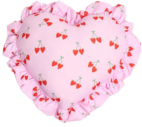 OHS Cherry Print Heart Cushion, Valentines Gifts for Her Cosy Heart Pillow with Frill Edges Valentines Decorations for Home Living Room Bedroom Sofa Pink Room Decor Cute Pillows, Pink/Green - 40cm