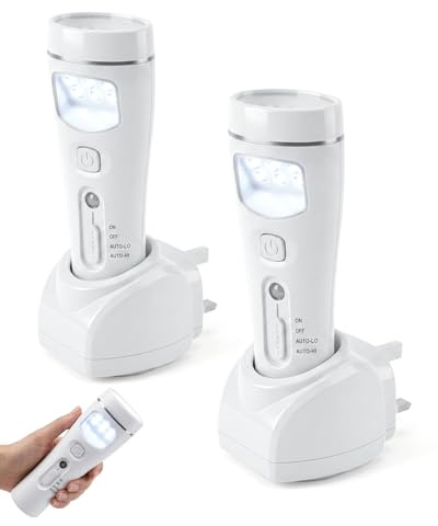 Klarlight Rechargeable Plug in Night Light Torch, Power Failure Light with Light Sensor, Emergency Light with Rechargeable Base for Hallway Nursery Hurricane Preparedness Supplies, 2-Pack