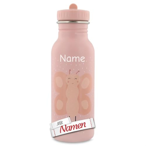 Trixie Kinder Trinkflasche mit Gravur, Mrs. Butterfly Schmetterling, mit Namen graviert, Edelstahl 500 ml, matt, auslaufsicher, rund, mit Tragekordel, für Kita Schule Reisen