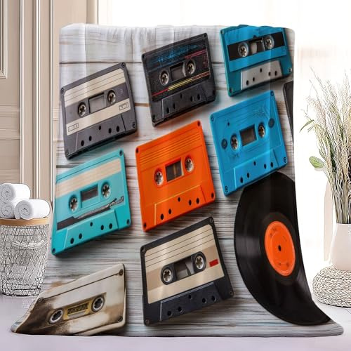 Throw Blanket Colorful Printed Blanket Soft Flannel Throw Blankets Retro Vinyl Records Cassette Tapes Music Pattern Fluffy Plush Fuzzy Bed Blankets for Bedding Sofa Couch, Queen Size 60 x 80