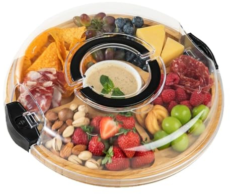 Tragbares Bambus-Käsebrett mit Deckel, Charcuterie-Boxen für Party | Mit Fächern, Mit Griff, Für Obst, Snacks, Fleisch, Dessert, Für Party und Picknick