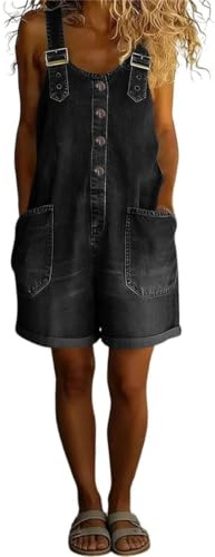 Generisk svart jeansoverall, lediga jeansshorts för sommaren, svart, XXL | Damjeansoverall med shorts lös passform knappslå fram klassisk vintage tvätt avslappnade sommarkläder