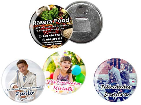 Lote de 30 Originales Chapas Abrebotellas Imán PersonalizablesFotografías. Recuerdos. Juguetes y Regalos para Fiestas de Cumpleaños, Bodas, Bautizos y Comuniones.DC