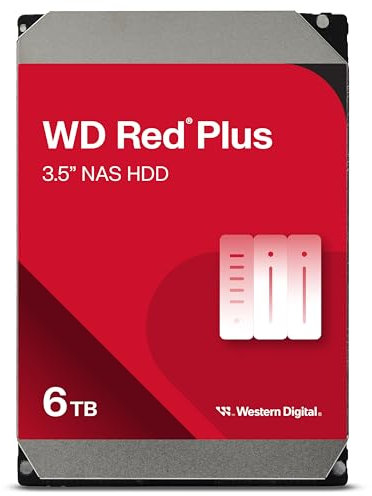 WD Red Plus interne Festplatte NAS 6 TB (3,5'', Datenübertragung bis 185 MB/s, Workload 180 TB/Jahr, 5.640 U/min, 128 MB Cache, 8 Bays) Rot