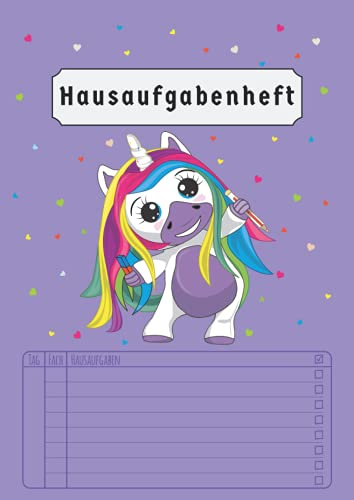 Hausaufgabenheft: Einhorn Grundschule Mädchen 2021/2022 Ohne Datum | Din A4 | 50 Blatt | Aufgabenheft Klasse 1 2 3 4 | Lila