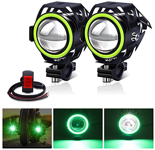 Biqing 2PCS Phares Avant Moto,Universel U7 Moto Feux Additionnels 12V 24V LED Phares Avant Motos Anti Brouillard Projecteur Spot LED avec Interrupteur à 3 Fils(Vert)