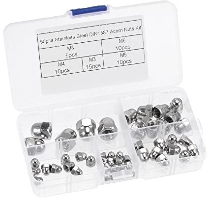 sourcing map Écrou Borgne Dôme Hexagonal Capuchon Trousse M3 M4 M5 M6 M8 304 Acier Inox Hexagonal Décoratif Capuchon pour Vis Boulons 50Pcs