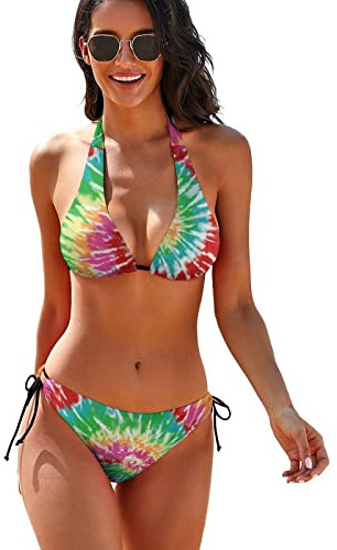 Lsjuee Costume da Bagno da Donna Sexy con Stringhe all'Americana, Costumi da Bagno, Bikini a Triangolo Tie-Dye