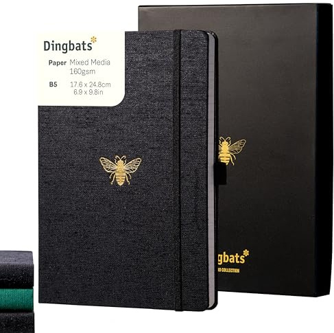Dingbats* - Pro B5 Großes Notizbuch Liniert mit Geschenkbox - Journal mit Schwarzem Textilcover, Fadenheftung - Elastischer Verschluss, Stifthalter