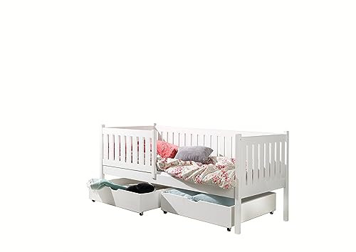 KEF Kinderbett 80x160 cm - Leon - Bett aus Holz mit Stauraum - Tagesbett mit Lattenrost - Jugendbett und Mädchenbett für Kinderzimmer - Weiß