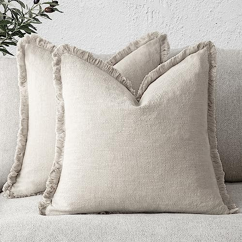 Foindtower Set of 2 Decorative Linen Fringe Throw Pillow Covers Cozy Boho Farmhouse Cushion Cover with Tassels Soft Accent Pillowcase for Couch Sofa Bed Living Room Home Decor, 24×24 Inch, Beige