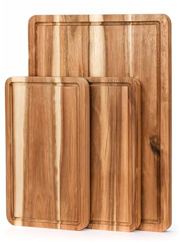 VieWood Acacia Wood Cutting Board Set of 3 for Kitchen, Pre-Oiled Knife-Friendly Wooden Chopping Boards with Juice Groove, Charcuterie Tray for Meat Cheese Vegetables (17x12 12x10 12x7 inch)