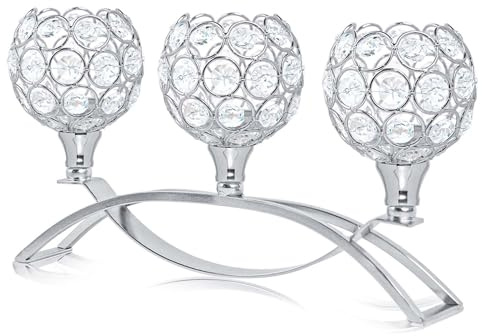 Crystal Tealight Candle Holder Centerpiece Home Decorative Candlestick Holder Elegant Table Centerpiece Home Decor Wedding Party Anniversary (Silver, 3 Arm)