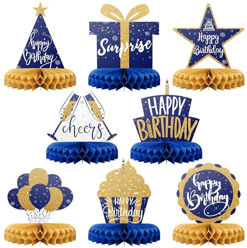 Happy Birthday Table Decoration Centrepieces - (8 Pack, Blue & Gold) - Double-Sided Happy Birthday Centrepieces for Tables - Party Supplies for Elegant Birthday Decorations by PixiPy