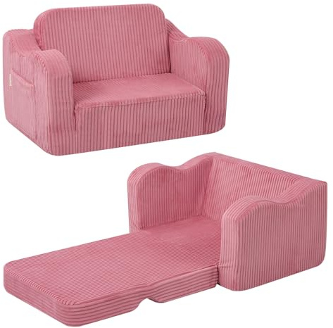 MeMoreCool Kids Couch Sofa, Folding Toddler Chair Bed, Pink