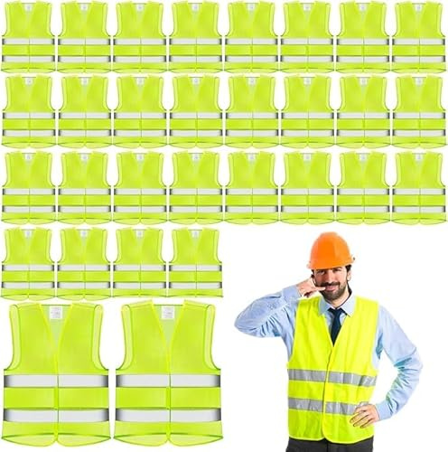 Gilet Jaune Adulte, 30 PCS Gilet Jaune Voiture, Gilet Fluorescent de Sécurité Haute Visibilité à 360 °, Gilet Haute Visibilité Hommes et Femmes, Gilet de Securite pour Conducteurs Travailleurs