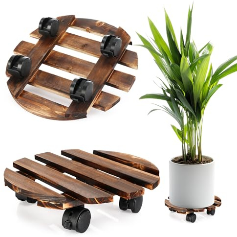 Alitree 2 Stück Pflanzenroller,30 cm Rund, Holz Rollbrett Pflanzen, 360° | mit Bremse, Pflanzenroller, Heavy Duty Outdoor Rollbrett Pflanzen, Wetterfest für Außen & Innen