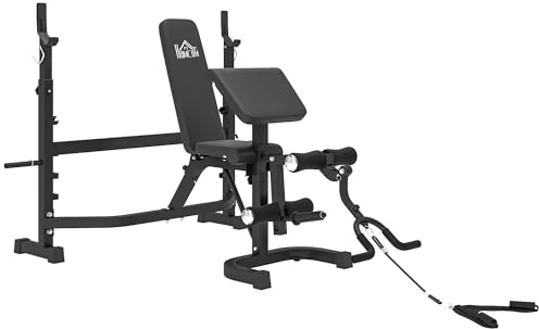 HOMCOM Panca Palestra Multifunzione Regolabile con Rack Bilanciere, Pad per Gomiti e Schienale, Panca Pesi Inclinabile Piana con Leg Extension, Low Row, Arm Curl, Addominali, Allenamento Palestra Casa