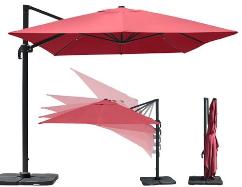 paramondo parapenda Sonnenschirm Ampelschirm aus 230 g/㎡ Polyesterfaser, Rechteckig, 4 x 3 m, Weinrot, 360° Schwenkbar, Kurbelbedienung, Stahl-Standkreuz und Gestell in Anthrazit, 25kg