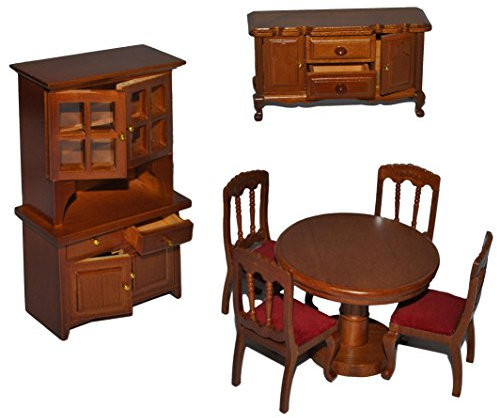 alles-meine.de GmbH 7 TLG. Set: Speisezimmer/Eßzimmer aus dunklem Holz - Miniatur - Schrank + 4 Stühle + Tisch + Kommode - Puppenstubenmöbel für Puppenstube Maßstab 1:12 - Pupp..