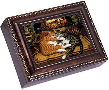 Cottage Garden Cats Sleeping On a Hearth Fireplace Burlwood Rope Trim Jewelry Music Box Plays Canon in D