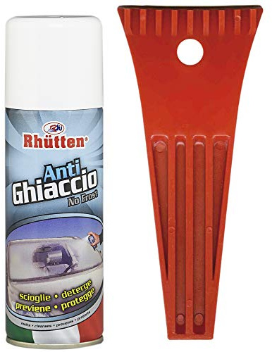 Rhütten, Spray Antighiaccio No-Frost da 200ml + Raschietto per Parabrezza in Plastica, Scioglie Rapidamente il Ghiaccio dai Vetri dell'Auto, Previene il Congelamento e Protegge le Parti Accessorie
