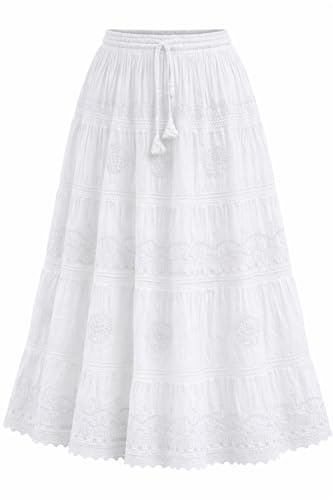 Doorwaytofashion Plus Size Tiered Long Skirt for Women 100% Cotton Lightweight Summer Festival Skirt Tall Embroidered Front, Elastic Waist
