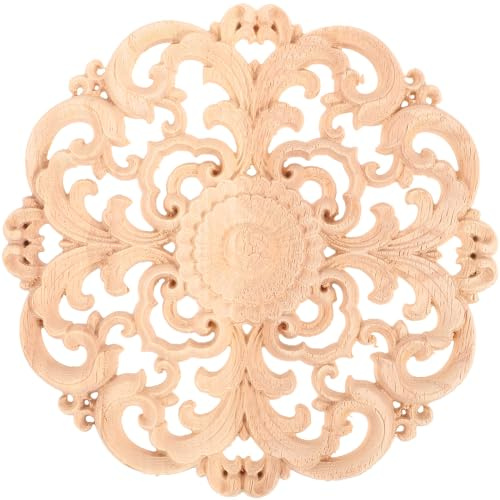 BESPORTBLE 15x15cm Holz Geschnitzte Deko Runde Onlay Applikation Unbemalte Holz Skulptur für DIY Basteln Kunst Handwerk Ecke Möbel Couchtisch Tür Dekoration Ornament Weihnachten Fensterdeko
