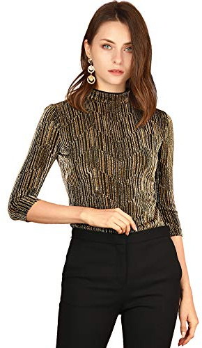 Allegra K Damen Glitzer Shirt Langarm Metallic Pailletten Glänzend Bluse