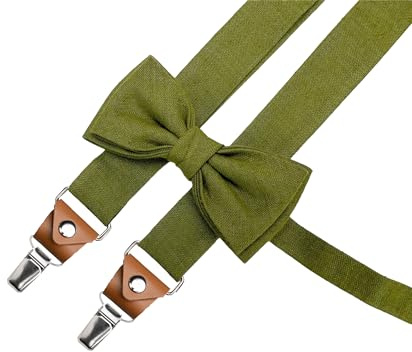 LINILI Leinen Fliege und Hosenträger SET für Herren, Fliege Bereits gebunden und verstellbar, Hosenträger einstellbar - Handgefertigt in EU- Farbe: Olivgrün