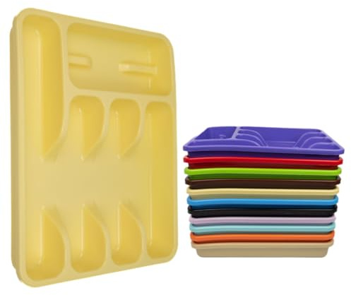 ECO Plastic Large Cutlery Drawer Organiser | 6 Compartment Cutlery Tray for Drawers | Multi Color Cutlery Trays for Kitchen Drawers | Kitchen Drawer Organiser for Forks, Spoons & Knives (Yellow)
