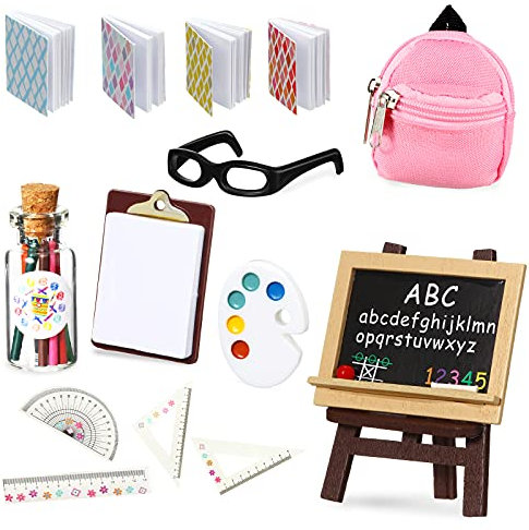 Zomiboo 14 Pcs Mini Doll School Supplies Miniature Dollhouse Stuff Accessories for 11.5 Inch Doll DIY Toy Set Include Miniature Book Backpack Glasses Blackboard Pencil Ruler(Chic Style)