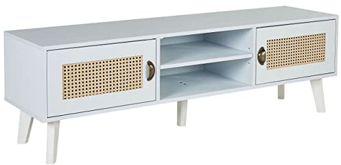Beliani TV-Ständer mit Rattan Fronten offene Fächer Retro-Stil weiß/Heller Holzfarbton Parton