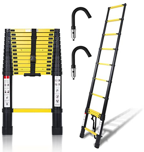 Randaco 3.8M Scala Telescopica con Gancio Rimovibile, Multiuso Allungabile Scaletta Alluminio, Scala Telescopica Antiscivolo, Leggero e Flessibile, Carico Massimo 150 kg, Nero e Giallo