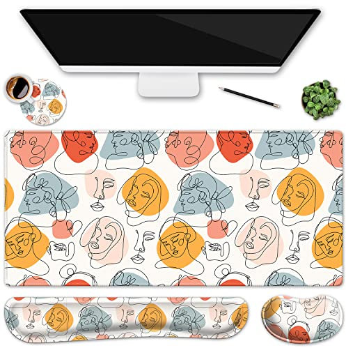 Lot de 4 tapis de souris pour clavier + repose-poignet pour clavier + sous-verre ergonomique XXL avec support de poignet – Tapis de souris ultra épais (90,2 x 40,1 cm) pour la maison et le bureau –