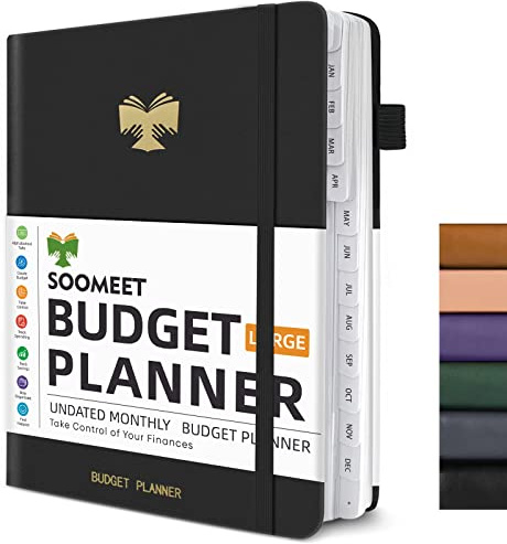 Soomeet Budget Planner with Monthly Tabs - 7 x 10 Hardcover Budget Book, Monthly Bill Organizer with Pockets, Undated Finance Planner with Expense Tracker Notebook to Take Control Your Money- Black