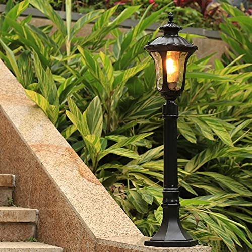 Mengjay Klassische Wegeleuchte E27 für Garten Retro Vintage Gartenlampe wasserdichte IP23 Außenstehleuchte aus Aluguss schwarz mit klarem Glas Stehleuchte für Außen Garten Hof Haus Beleuchtung (C)