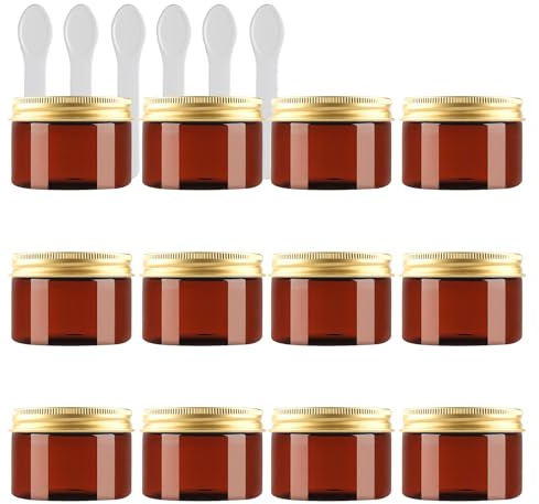 PQPAUTY 12 Stück Kleine 150 ml Braun Kunststoff Leere Cremedose Dose mit Gold Deckel 150 g Leerdose Schraubdose Blechdosen Kosmetische Behälter Tiegel, 6 Stück Spatel