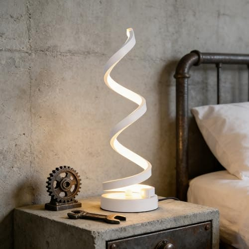 LED Nachttischlampe Warmweiß, Tischleuchte, Moderne Spiral, Metall Dekolampe, Tischlampe Schreibtischlampe Golden Minimalistische Metall für Arbeitszimmer Wohnzimmer Kinder Schlafzimmer (weiß)