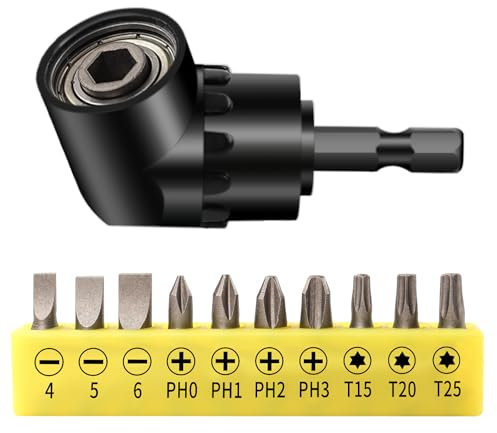 WEDAMOO 11Pcs Right Angle Drill Attachment Kit, 105 Degree Right Angle Drill Adapter Hex Shank Screwdriver Angled Bit for Tight Corner Workspace Extension