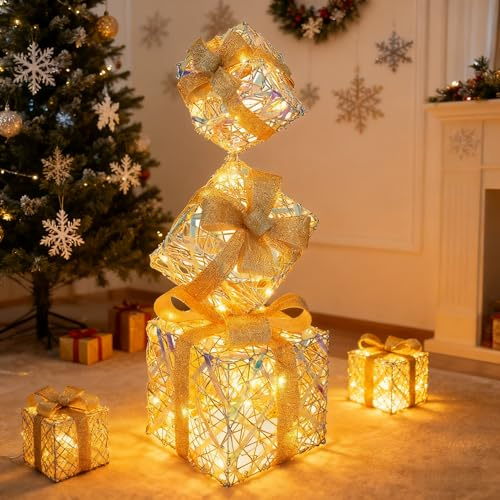 CCLIFE LED Regalo Decorazione Natalizia Set di 3, Versione a corrente, LED Decorazione di Natale Scatole Regalo Natalizie Luminose, CushHom
