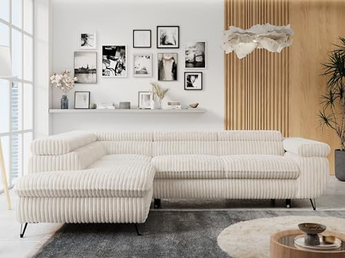 MKS MEBLE Ecksofa Cord - L-Form Wohnlandschaft mit Schlaffunktion und Bettkasten, Schlafsofa mit Bettkasten, Sofa mit Einstellbare Kopfstützen, Peter L - Cord - Links Beige