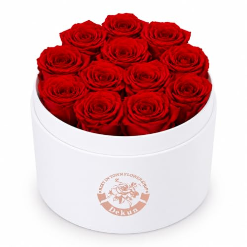 Dekun Ewige Rosen Box mit 12 Konservierten Echten Rosen – Weiße Luxus Rosenbox aus Samt, Haltbare Blumen 1–3 Jahre, Geschenk für Frauen zum Geburtstag, Valentinstag, Muttertag, Jahrestag (Weiß/Rot)