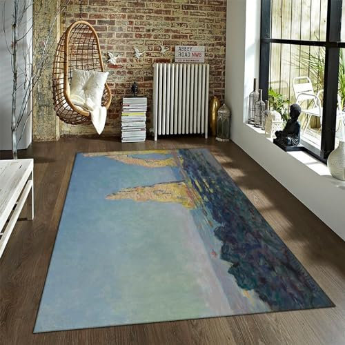 Claude Monet Teppiche Blauer Teppich für Wohnzimmer Küche Esszimmer Szenerie auf dem Meer Flachflor Waschbarer Teppich für Büro Arbeitszimmer 150x250cm