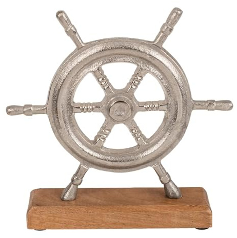 Seaside No.64 - maritimer Dekoaufsteller Schiffs-Steuerrad aus Aluminium auf Mangoholz-Sockel - Zeitlose, nautische Wohndekoration zum Hinstellen und Dekorieren auf Kommode, Sideboard, Fensterbank