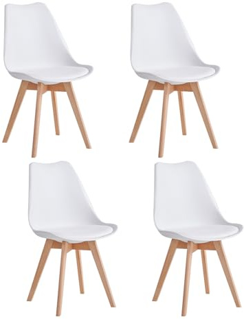 JZGORC Set di 4 Sedie da Sala da Pranzo, Sedie da Cucina Nordica, Sedie da Ufficio con Gambe in Faggio Massello per Camera da Letto, Soggiorno, Cucina - Bianco