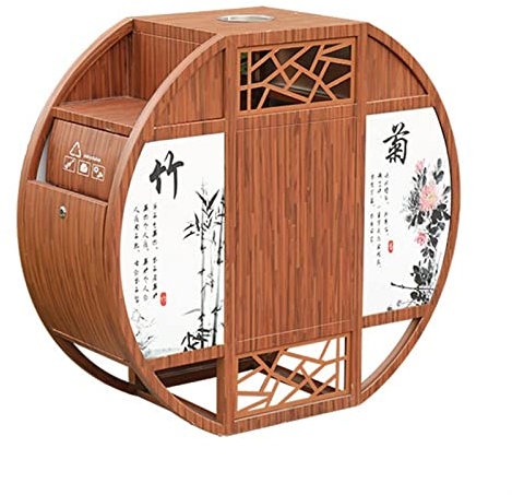 Mülleimer für Eingänge, Geschäfte Sortier-Mülleimer for den Außenbereich, großer Abfallbehälter im chinesischen Stil mit zwei Fässern, runde Form, Holzmaserung imitiert, mit Rückprallauslauf, Hof-Müll