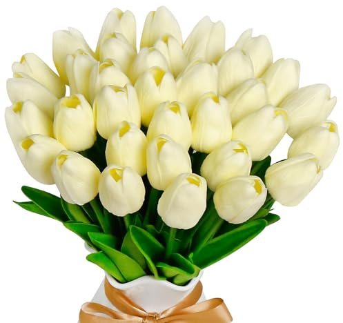 VIKINGS PANDA Tulpen Künstlich wie Echt 36 Stück 33 cm PU Real Touch Kunstblumen Cremefarben für Room Decor Tisch Deko (cremefarben)